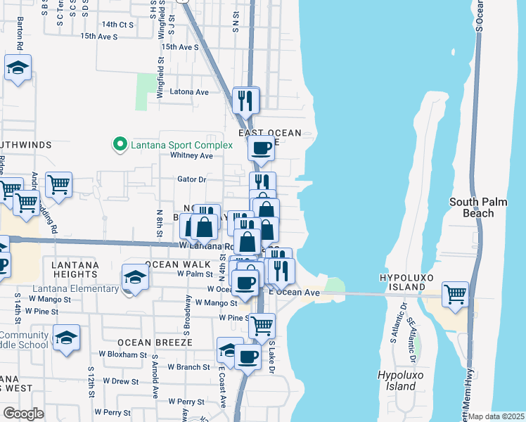 map of restaurants, bars, coffee shops, grocery stores, and more near 636 North Dixie Highway in Lantana
