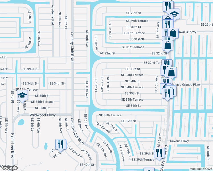 map of restaurants, bars, coffee shops, grocery stores, and more near 1116 Southeast 34th Street in Cape Coral