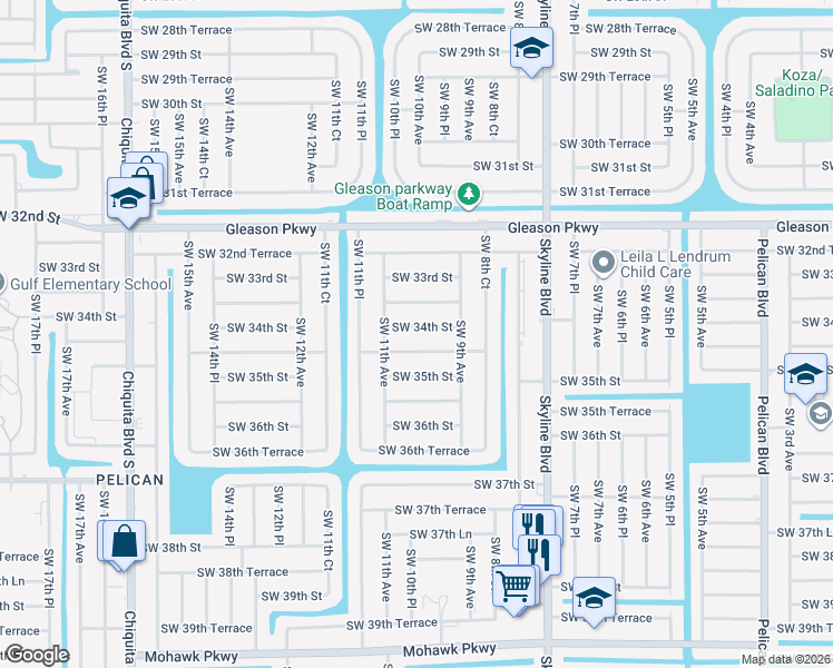 map of restaurants, bars, coffee shops, grocery stores, and more near 1000 Southwest 34th Street in Cape Coral