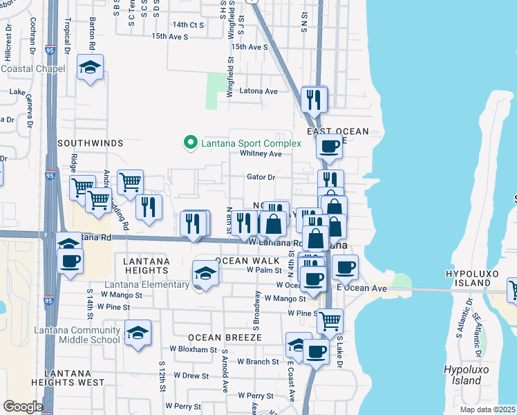 map of restaurants, bars, coffee shops, grocery stores, and more near 607 North Broadway in Lake Worth