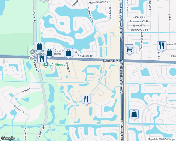 map of restaurants, bars, coffee shops, grocery stores, and more near 6104 Bear Creek Court in Lake Worth