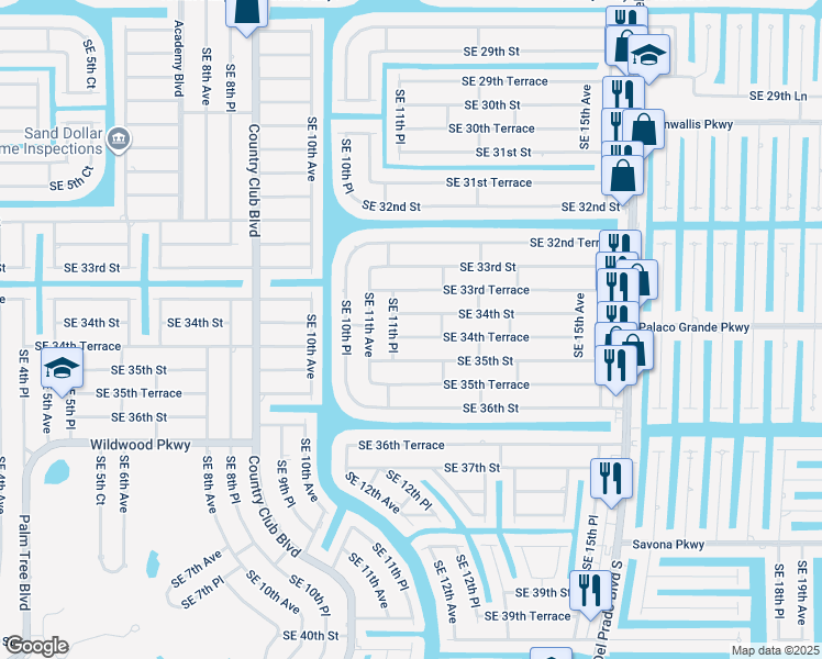 map of restaurants, bars, coffee shops, grocery stores, and more near 1116 Southeast 34th Street in Cape Coral