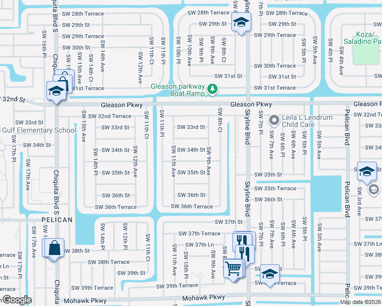 map of restaurants, bars, coffee shops, grocery stores, and more near 1000 Southwest 34th Street in Cape Coral