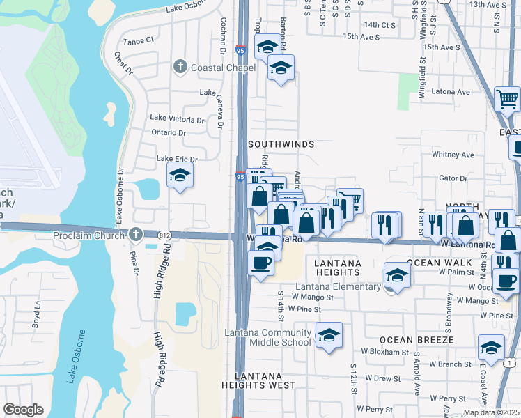 map of restaurants, bars, coffee shops, grocery stores, and more near 607 Ridge Road in Lantana
