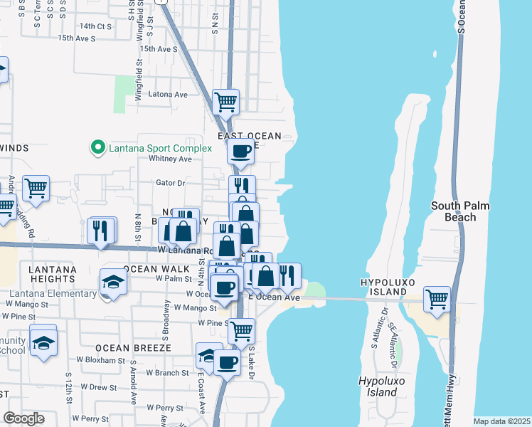 map of restaurants, bars, coffee shops, grocery stores, and more near 214 Lakeview Avenue in Lantana