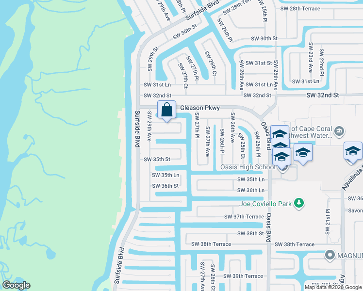 map of restaurants, bars, coffee shops, grocery stores, and more near 2803 Southwest 34th Terrace in Cape Coral