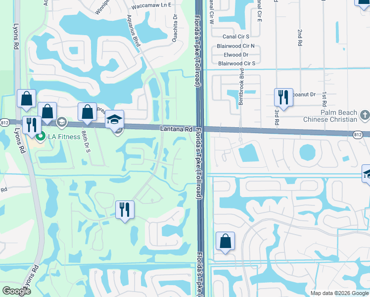 map of restaurants, bars, coffee shops, grocery stores, and more near 6080 Beaconwood Road in Lake Worth