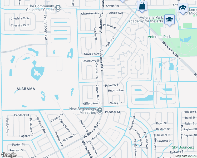map of restaurants, bars, coffee shops, grocery stores, and more near 324 Canyon Drive North in Lehigh Acres