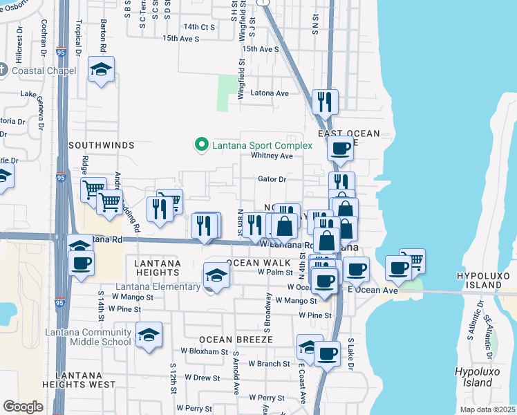 map of restaurants, bars, coffee shops, grocery stores, and more near 607 North Broadway in Lake Worth