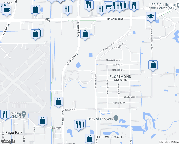 map of restaurants, bars, coffee shops, grocery stores, and more near 10601 Metro Parkway in Fort Myers