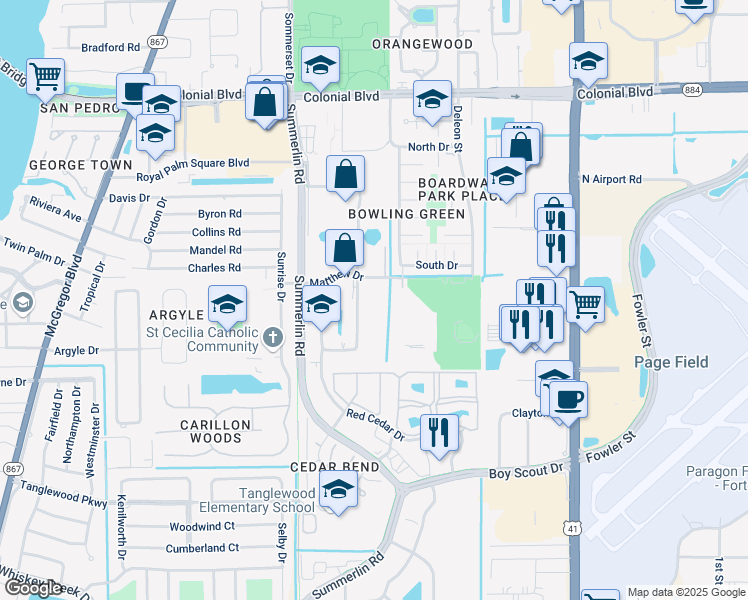 map of restaurants, bars, coffee shops, grocery stores, and more near 1600 Matthew Drive in Fort Myers