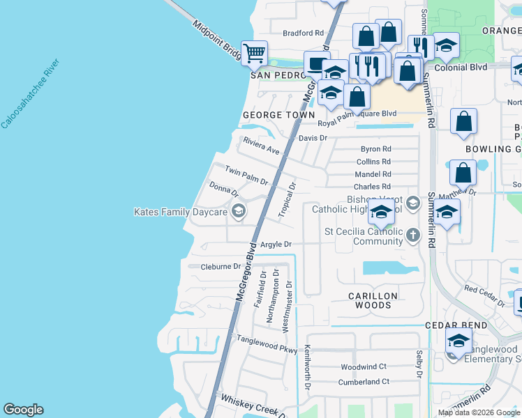 map of restaurants, bars, coffee shops, grocery stores, and more near 10500 McGregor Boulevard in Fort Myers