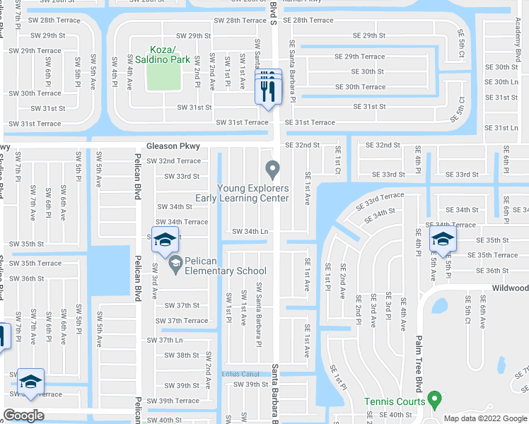 map of restaurants, bars, coffee shops, grocery stores, and more near 3407 Southwest Santa Barbara Place in Cape Coral