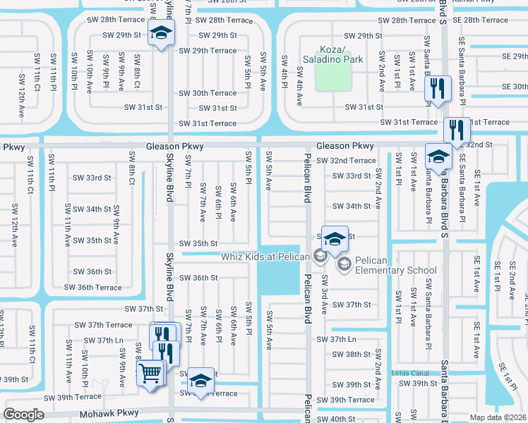 map of restaurants, bars, coffee shops, grocery stores, and more near 3404 Southwest 5th Avenue in Cape Coral