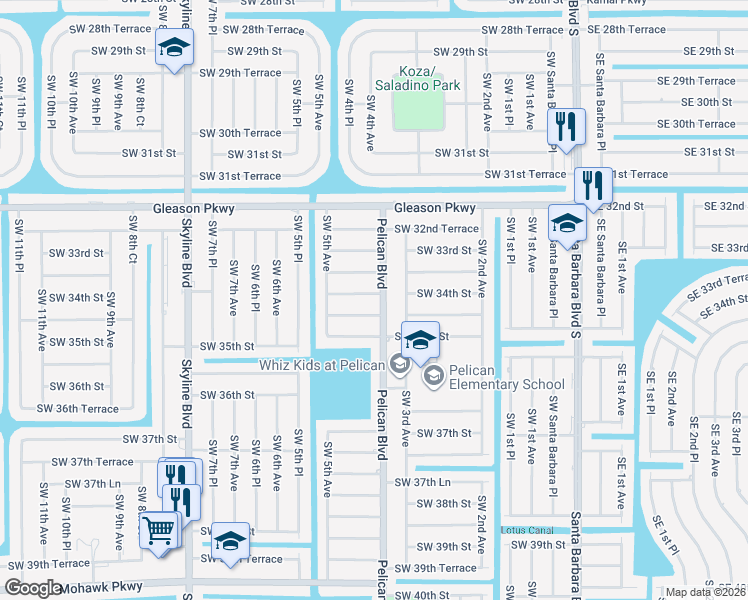 map of restaurants, bars, coffee shops, grocery stores, and more near 404 Southwest 34th Street in Cape Coral