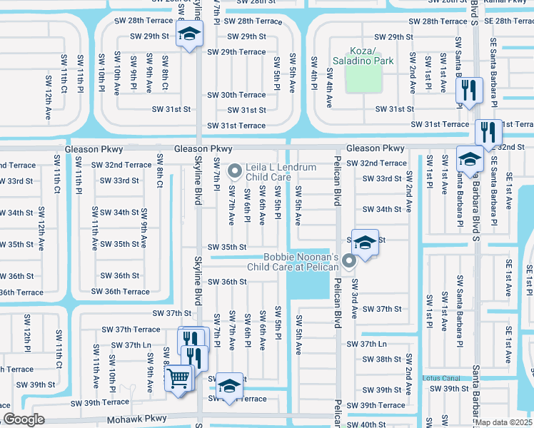 map of restaurants, bars, coffee shops, grocery stores, and more near 3407 Southwest 6th Avenue in Cape Coral
