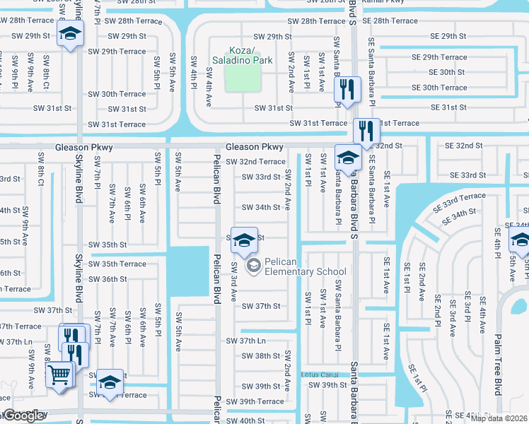 map of restaurants, bars, coffee shops, grocery stores, and more near 220 Southwest 34th Street in Cape Coral