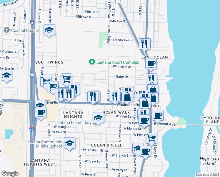 map of restaurants, bars, coffee shops, grocery stores, and more near 606 North 8th Street in Lantana