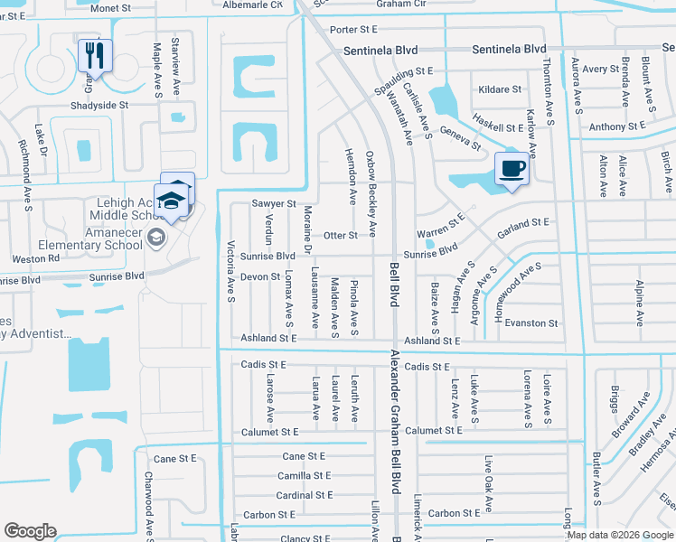 map of restaurants, bars, coffee shops, grocery stores, and more near 737 Dundee Street in Lehigh Acres