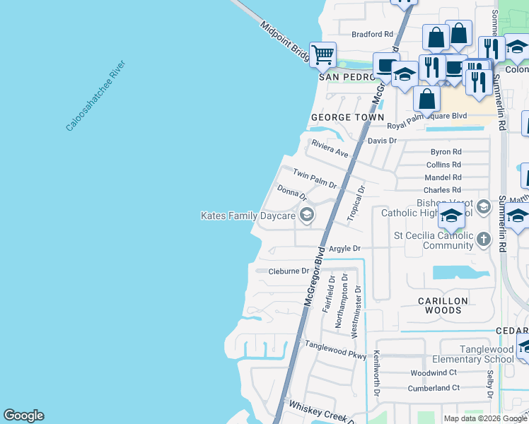 map of restaurants, bars, coffee shops, grocery stores, and more near 6103 West Riverside Drive in Fort Myers