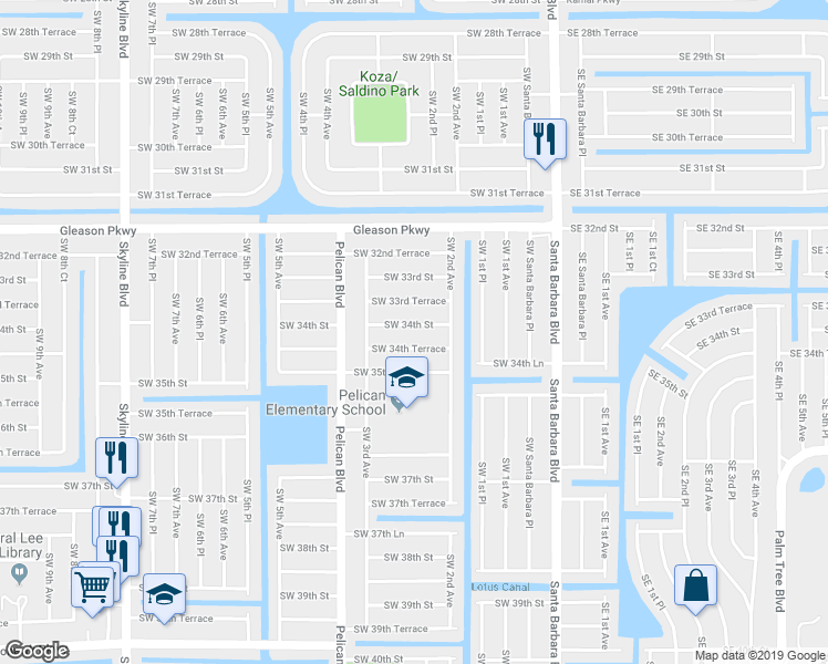 map of restaurants, bars, coffee shops, grocery stores, and more near 220 Southwest 34th Street in Cape Coral