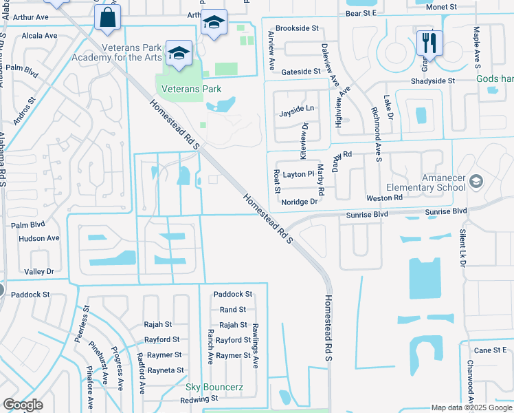 map of restaurants, bars, coffee shops, grocery stores, and more near 198 Homestead Road South in Lehigh Acres