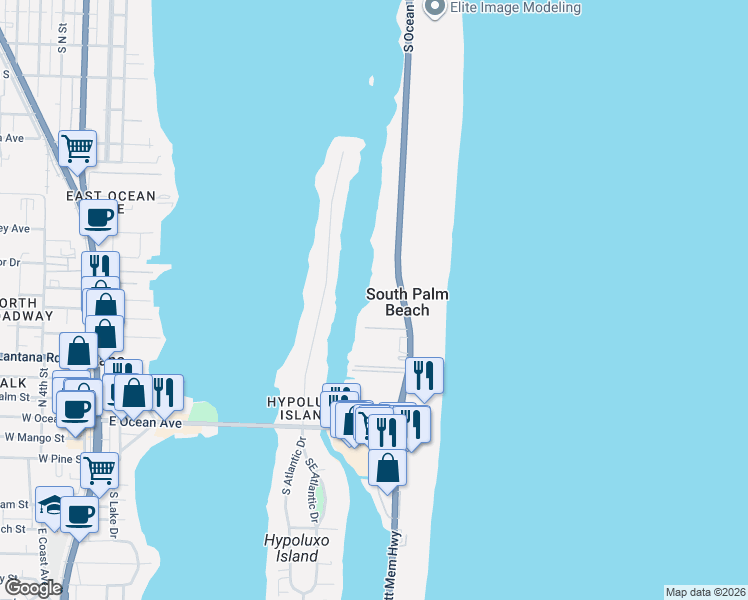 map of restaurants, bars, coffee shops, grocery stores, and more near 3581 South Ocean Boulevard in South Palm Beach