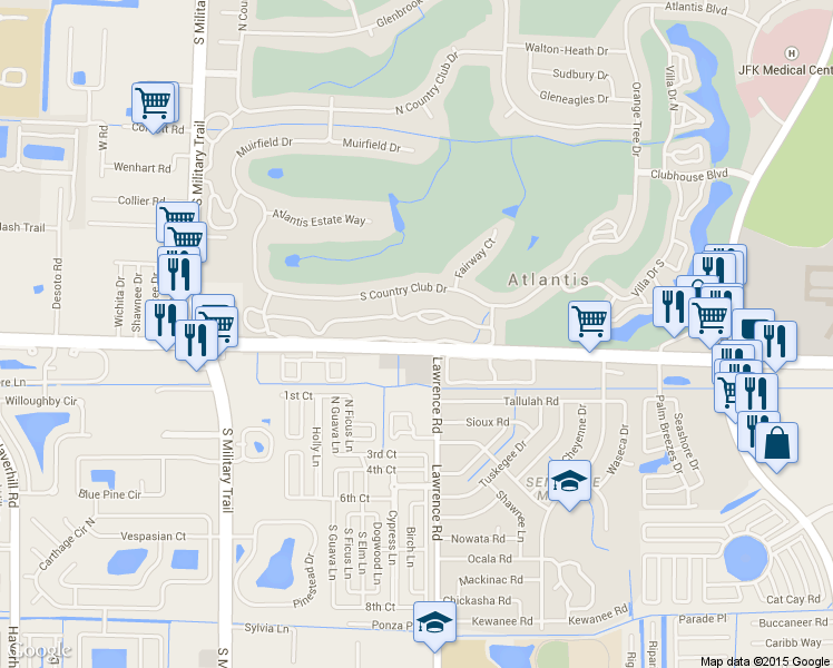 map of restaurants, bars, coffee shops, grocery stores, and more near 451 Pine Tree Ct in Lake Worth