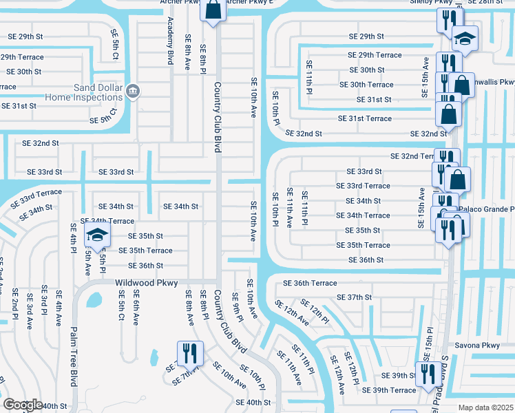 map of restaurants, bars, coffee shops, grocery stores, and more near 3321 Southeast 10th Avenue in Cape Coral