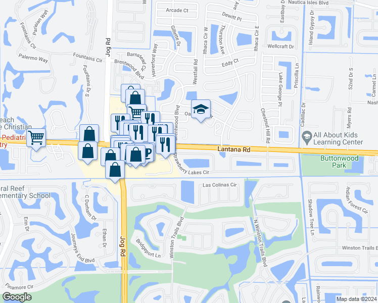 map of restaurants, bars, coffee shops, grocery stores, and more near 6077 Strawberry Fields Way in Lake Worth
