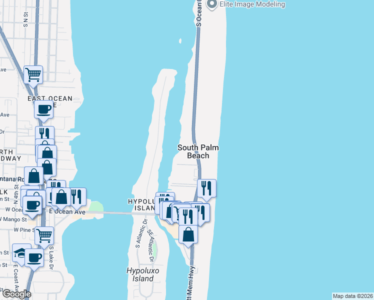 map of restaurants, bars, coffee shops, grocery stores, and more near 3581 South Ocean Boulevard in South Palm Beach