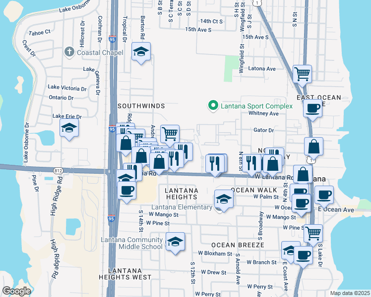 map of restaurants, bars, coffee shops, grocery stores, and more near 39 Pine Place in Lantana