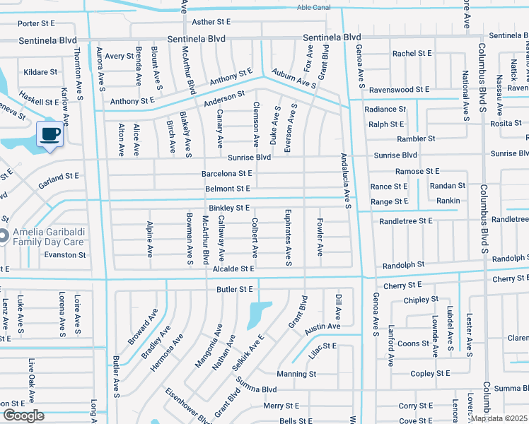 map of restaurants, bars, coffee shops, grocery stores, and more near 1032 Binkley Street East in Lehigh Acres