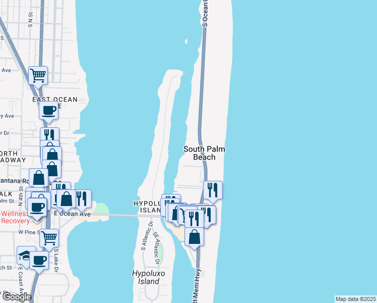 map of restaurants, bars, coffee shops, grocery stores, and more near 3581 South Ocean Boulevard in South Palm Beach