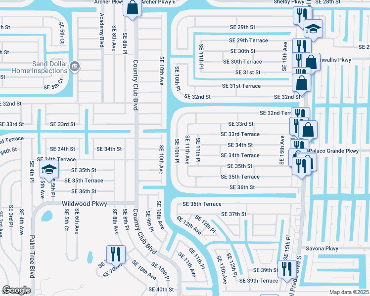 map of restaurants, bars, coffee shops, grocery stores, and more near 3334 Southeast 11th Avenue in Cape Coral