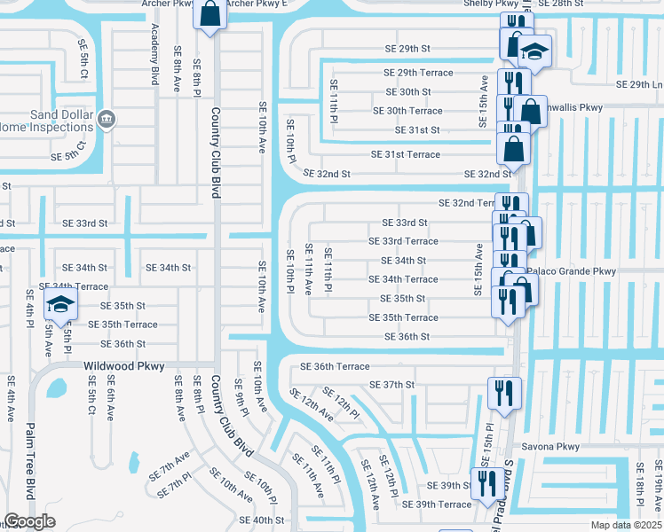 map of restaurants, bars, coffee shops, grocery stores, and more near 1116 Southeast 34th Street in Cape Coral