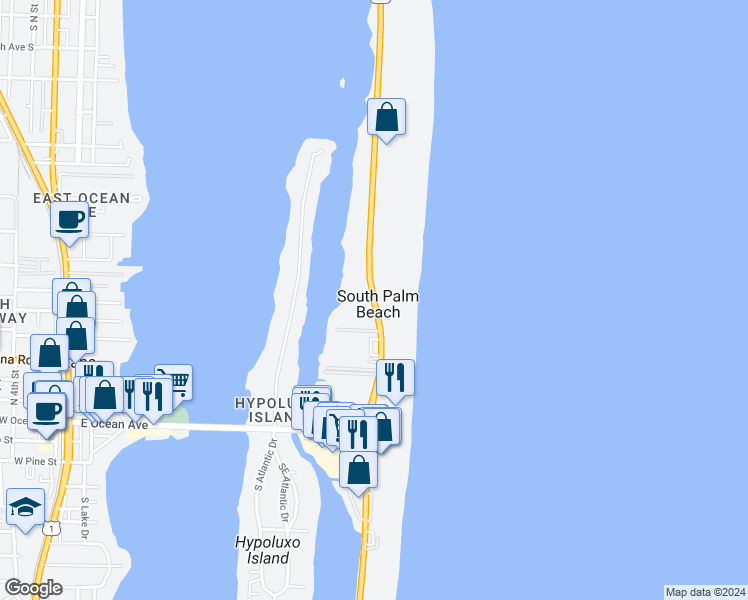 map of restaurants, bars, coffee shops, grocery stores, and more near 3589 South Ocean Boulevard in Palm Beach