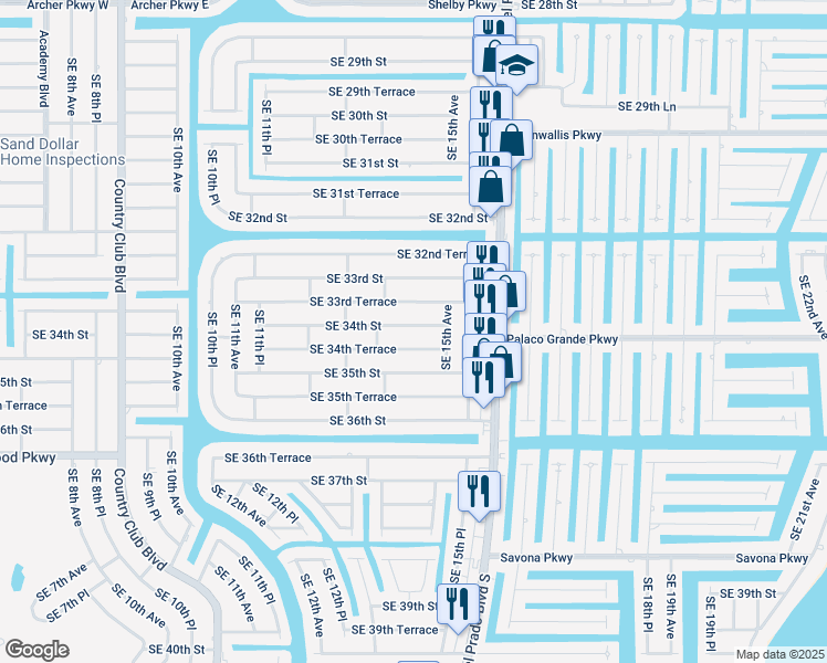 map of restaurants, bars, coffee shops, grocery stores, and more near 1422 Southeast 34th Street in Cape Coral