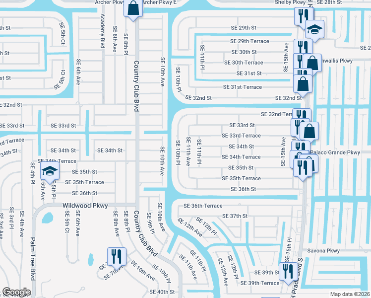 map of restaurants, bars, coffee shops, grocery stores, and more near 3334 Southeast 11th Avenue in Cape Coral