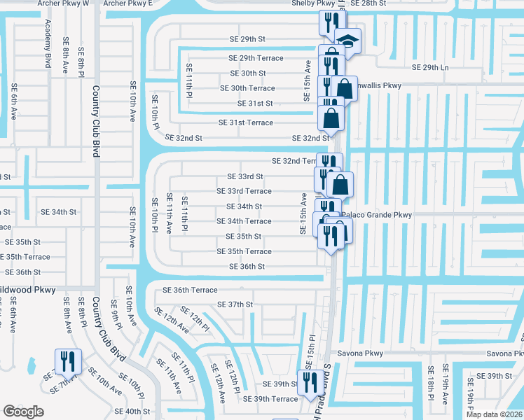 map of restaurants, bars, coffee shops, grocery stores, and more near 1402 Southeast 34th Street in Cape Coral