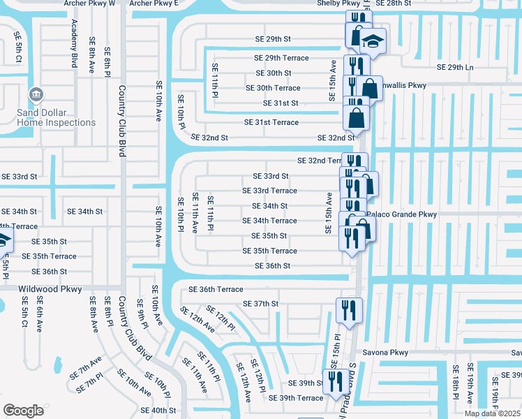 map of restaurants, bars, coffee shops, grocery stores, and more near 1218 Southeast 34th Street in Cape Coral