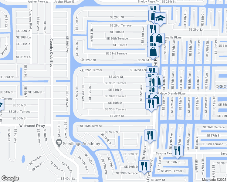 map of restaurants, bars, coffee shops, grocery stores, and more near 1222 Southeast 34th Street in Cape Coral