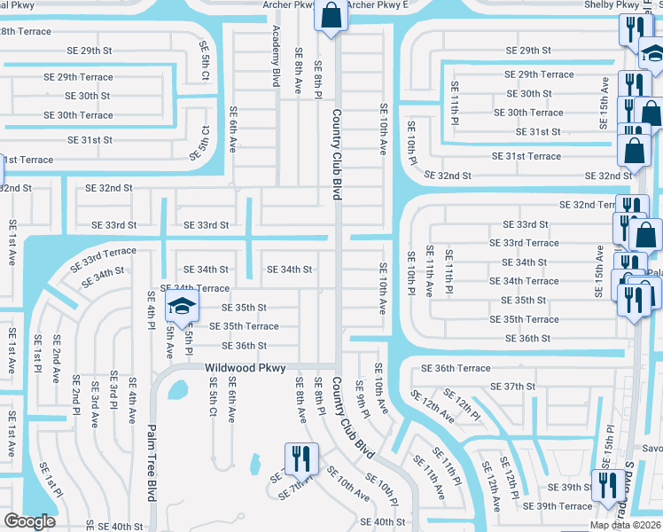 map of restaurants, bars, coffee shops, grocery stores, and more near 3330 Country Club Boulevard in Cape Coral