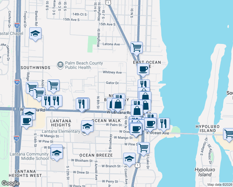 map of restaurants, bars, coffee shops, grocery stores, and more near 614 North 5th Street in Lantana