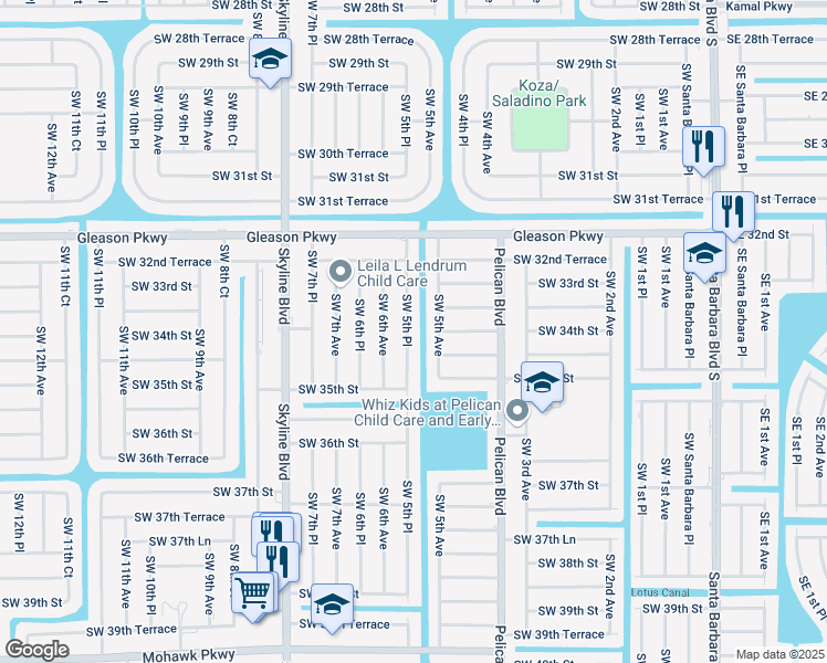 map of restaurants, bars, coffee shops, grocery stores, and more near 3403 Southwest 5th Place in Cape Coral