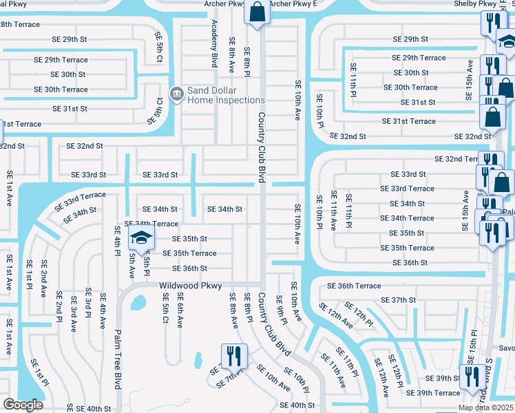 map of restaurants, bars, coffee shops, grocery stores, and more near 3330 Country Club Boulevard in Cape Coral