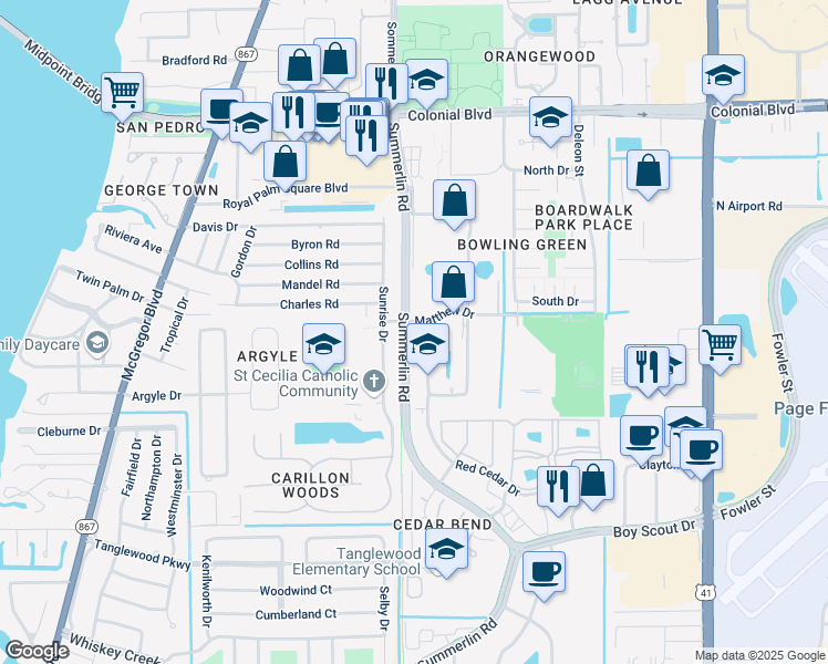 map of restaurants, bars, coffee shops, grocery stores, and more near 20 Barkley Circle in Fort Myers
