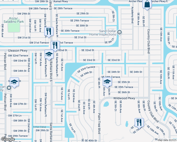 map of restaurants, bars, coffee shops, grocery stores, and more near 331 Southeast 34th Street in Cape Coral