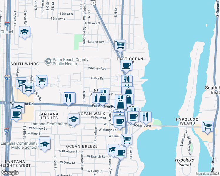 map of restaurants, bars, coffee shops, grocery stores, and more near 614 North 5th Street in Lantana