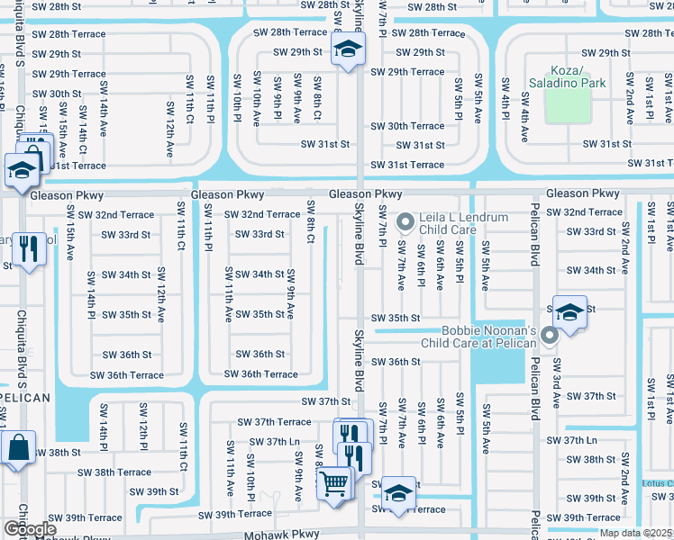 map of restaurants, bars, coffee shops, grocery stores, and more near 3409 Southwest 8th Place in Cape Coral